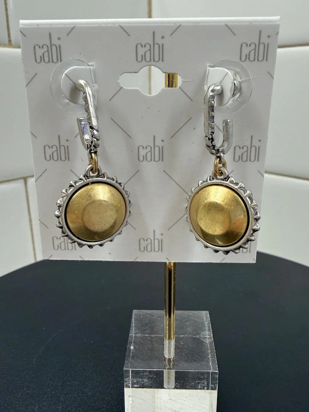 CAbi Timepiece Earrings Gold and Silver Round Dome Drop Earrings